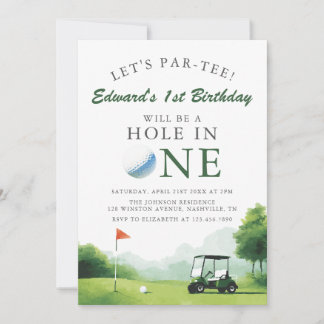 Lasst uns Par-Tee Golf Buggy Fun 1. Geburtstag fei Einladung