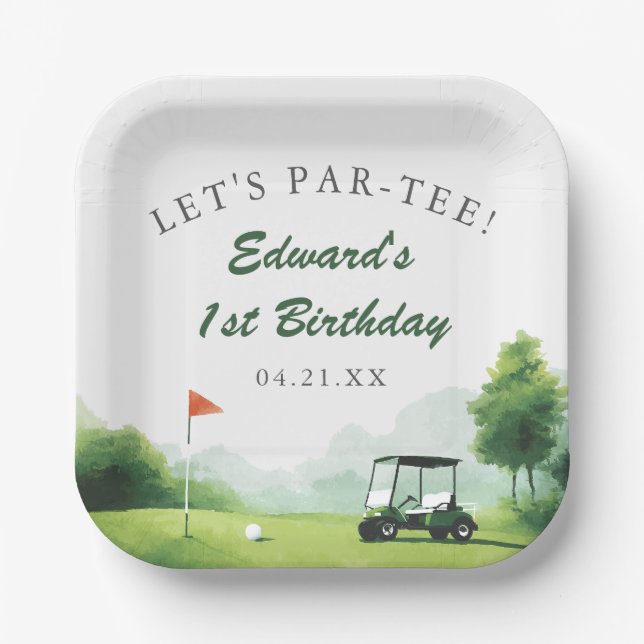 Lasst uns Par-Tee Wasserfarben-Golf-Buggy-Geburtst Pappteller (Vorderseite)