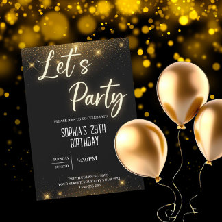 Lasst uns Party Black and Gold Ballon Geburtstag Einladung