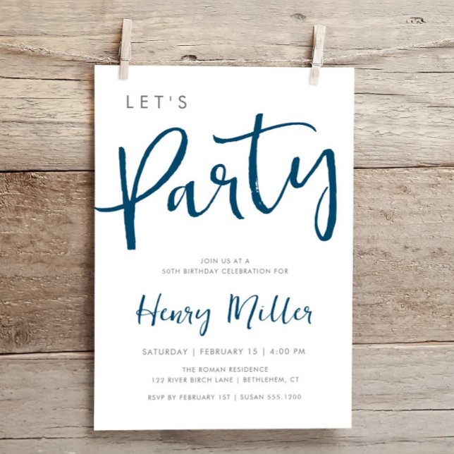 Lasst uns Party Blau und Grau Minimalistisch Gebur Einladung (Von Creator hochgeladen)