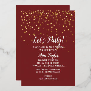 Lasst uns Party Confetti über Burgund-Ruhestand-Go Folieneinladung