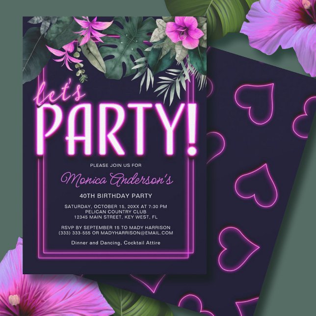 Lasst uns Party Electric Pink Neon Tropical Geburt Einladung (Let's Party Electric Pink Neon Tropical Birthday Invitation)