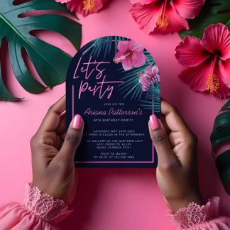 Lasst uns Party Elektrische Neon Pink Tropischen G Einladung