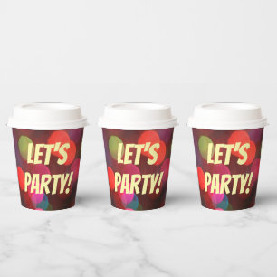 Lasst uns Party farbenfrohe Bokeh-Lichter festlich Pappbecher
