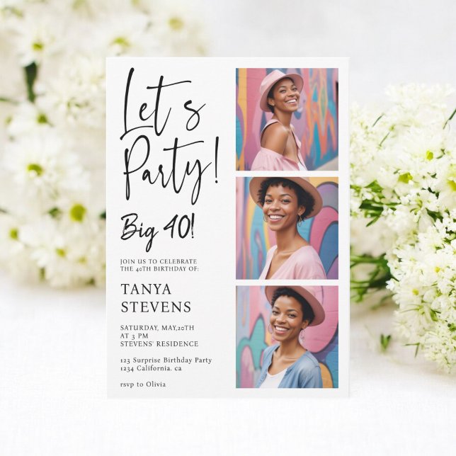 Lasst uns Party Foto schwarze Überraschung 40 Gebu Einladung (Let's party photo black surprise forty birthday invitation)