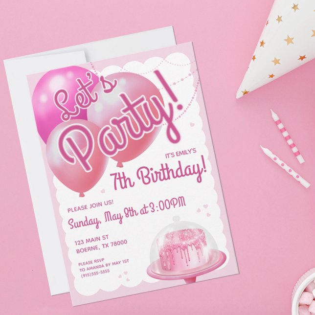 Lasst uns Party Girly Pink machen Einladung (Let's Party with these fashionable pink birthday party invitations.)