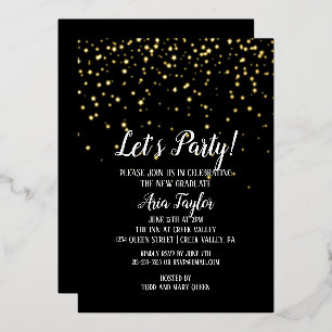 Lasst uns Party Gold Confetti auf Black Abschluss Folieneinladung