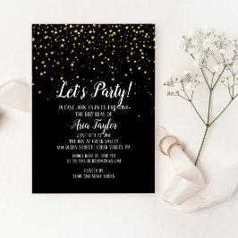 Lasst uns Party Gold Confetti auf Black Birthday P Einladung
