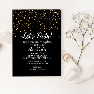 Lasst uns Party Gold Confetti auf Black Birthday P Einladung