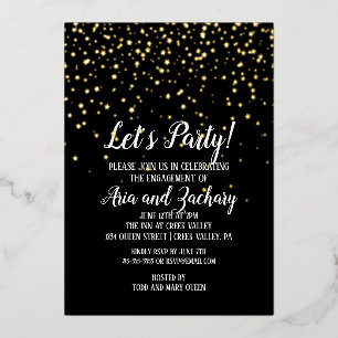 Lasst uns Party Gold Confetti auf Black Verlobung  Folieneinladung