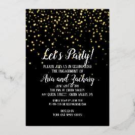 Lasst uns Party Gold Confetti auf Black Verlobung  Folieneinladung