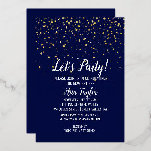 Lasst uns Party Gold Confetti auf Navy Blue Party  Folieneinladung