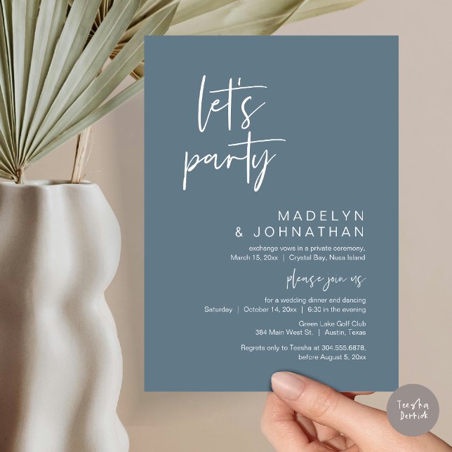 Lasst uns Party, Hochzeitsessen und Tanzen essen Einladung (Let's Party, Modern Wedding Elopement Dinner and Dancing Invitation Card, PDF, in Dusty Blue)