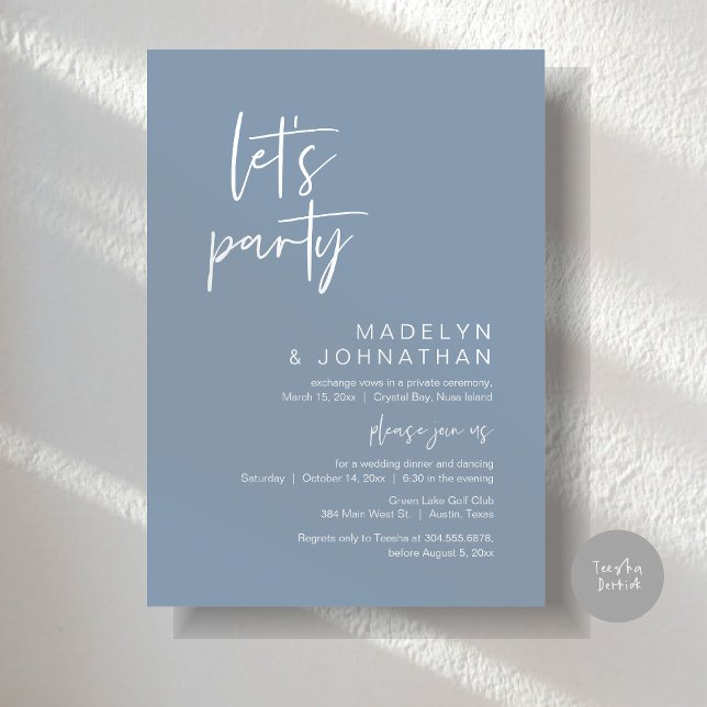 Lasst uns Party, Hochzeitsessen und Tanzen essen Einladung (Let's Party, Modern Wedding Elopement Dinner and Dancing Invitation Card, PDF, in Dusty Blue)