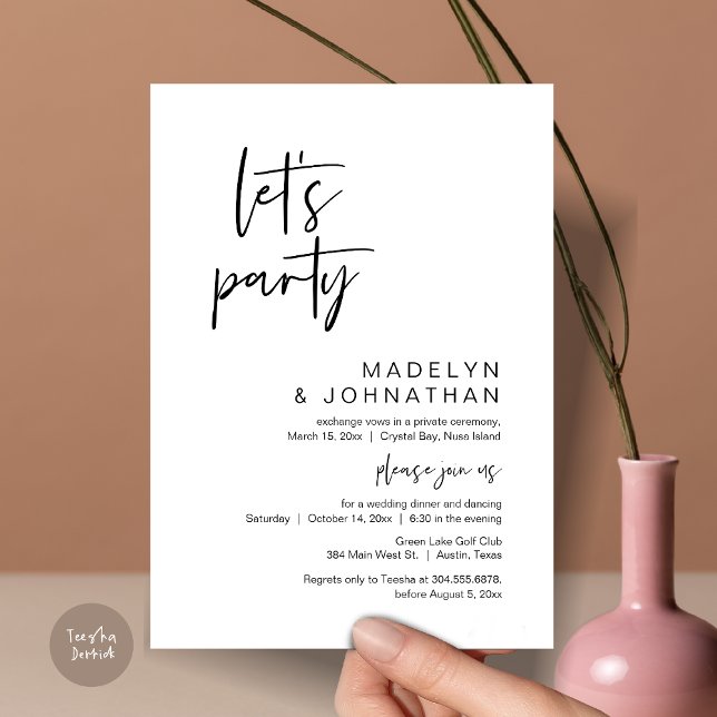 Lasst uns Party, Hochzeitsessen und Tanzen essen Einladung (Let's Party, Modern Wedding Elopement Dinner and Dancing Invitation Card, PDF, in Black and White)