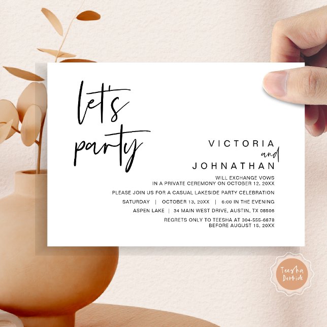 Lasst uns Party, Hochzeitstag-Party Einladung (Let's Party, Wedding Elopement Dinner Invitation Card, Modern Minimalist Script, in Black and White)