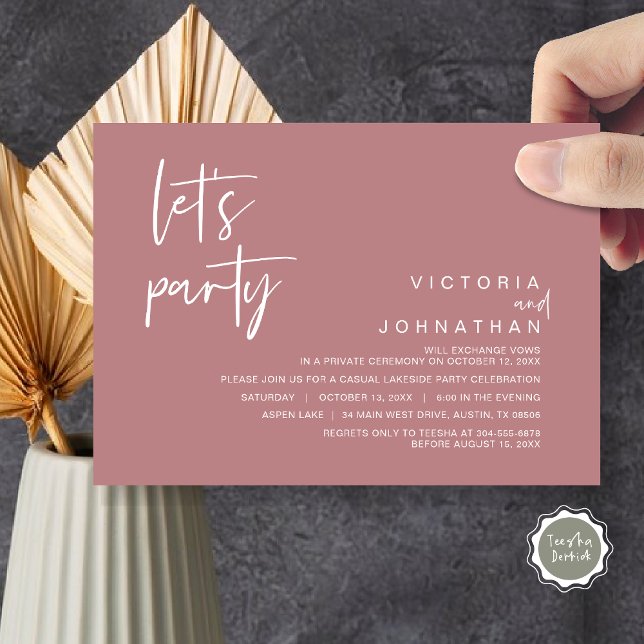 Lasst uns Party, Hochzeitstag-Party Einladung (Let's Party, Wedding Elopement Dinner Invitation Card, Modern Minimalist Script, in Dusty rose pink)