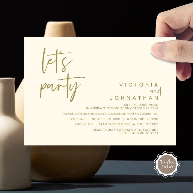 Lasst uns Party, Hochzeitstag-Party Einladung (Let's Party, Wedding Elopement Dinner Invitation Card, Modern Minimalist Script, in Classy Gold)