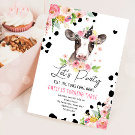 Lasst uns Party Kuh Floral Girl Farm Tiere Geburts Einladung
