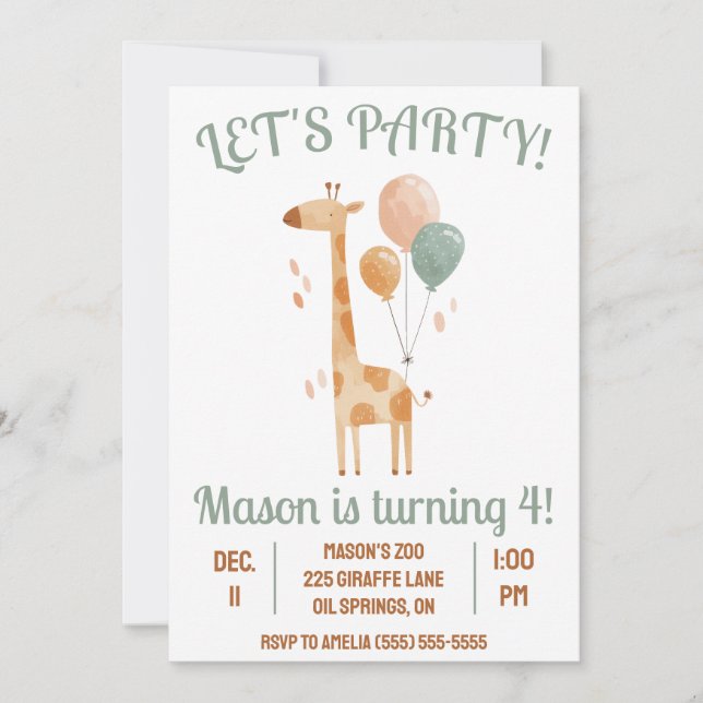 Lasst uns Party machen! Giraffe mit Balloons Gebur Einladung (Vorderseite)
