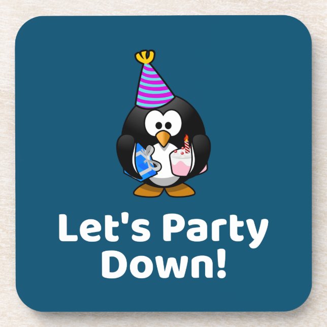 Lasst uns Party machen! Penguin Funny Birthday Par Getränkeuntersetzer (Vorderseite)