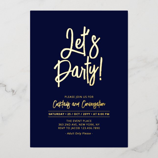 Lasst uns Party | Navy Blue Chic Script Party Even Folieneinladung (Vorderseite)