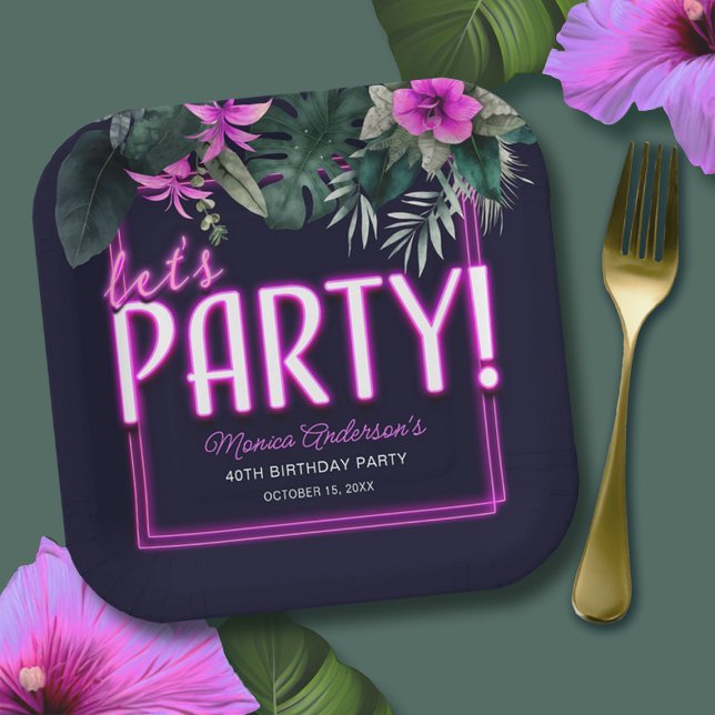 Lasst uns Party tropisch rosa Neon Geburtstag Pappteller (Let's Party Tropical Pink Neon Birthday Paper Plates)