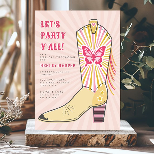 Lasst uns Party Yall Butterfly Cowboy Boot Geburts Einladung (Von Creator hochgeladen)