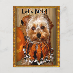 Lasst uns Party zu Halloween Yorkie machen Einladungspostkarte