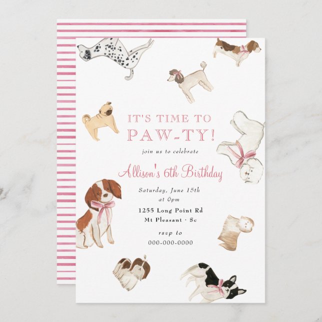 Lasst uns Paw-ty Dog Girl Pink Animal Birthday Par Einladung (Vorne/Hinten)