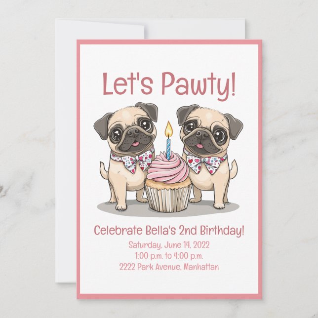 Lasst uns Pawty Birthday Mops Hunde Cupcake Einladung (Vorderseite)