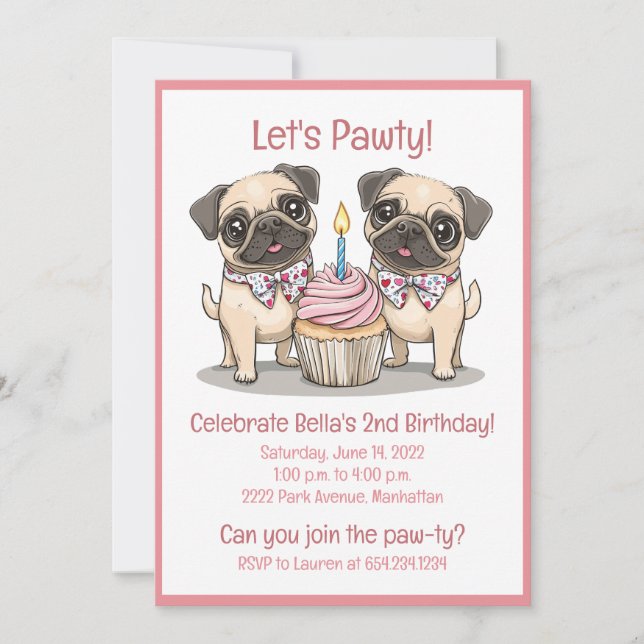 Lasst uns Pawty Birthday Mops Hunde Cupcake Einladung (Vorderseite)