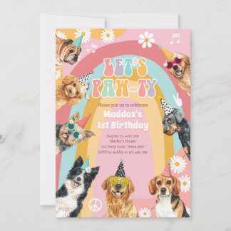Lasst uns Pawty Dog Retro Groovy Girl Geburtstag Einladung