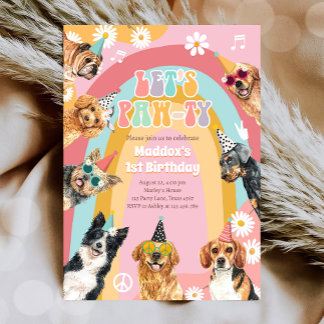 Lasst uns Pawty Dog Retro Groovy Girl Geburtstag Einladung