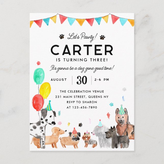 Lasst uns Pawty Party Animal Kids Welpe Hund Gebur Postkarte (Vorderseite)