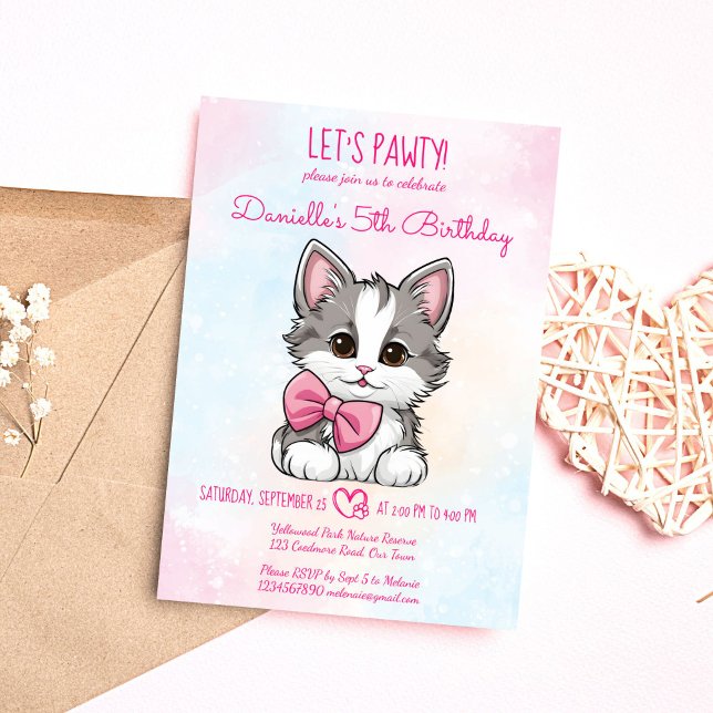 Lasst uns pawty pink niedliche Katzenkatze Geburts Einladung (Let's pawty pink cute kitten cat themed birthday party invitation editable template digital download)