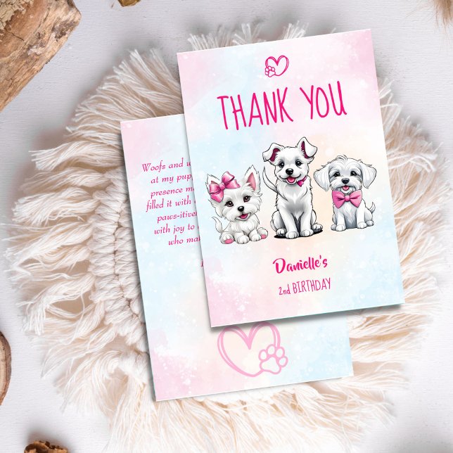 Lasst uns pawty-white-pink niedliche Welpen Geburt Dankeskarte (Let's pawty white pink cute puppies birthday thank you cards)