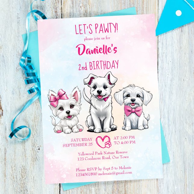 Lasst uns pawty-white-pink niedliche Welpen Geburt Einladung (Let's pawty cute  white pink bow puppies dog theme girls birthday invitation template download)