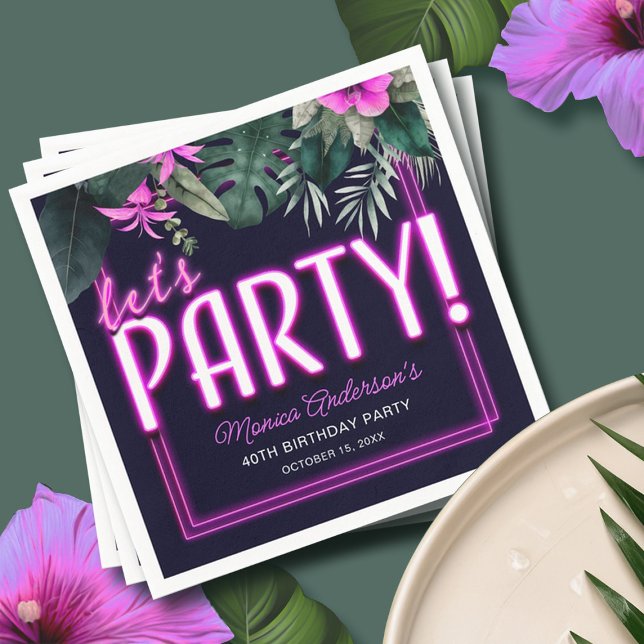Lasst uns Pink Neon Tropical Geburtstag Party Serviette (Let's Party Pink Neon Tropical Birthday Napkins)