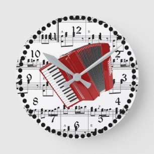 Lasst uns Polka, rote Akkordeon auf Noten. Runde Wanduhr