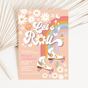 Lasst uns Retro Groovy Rollschuh Daisy Geburtstag Einladung