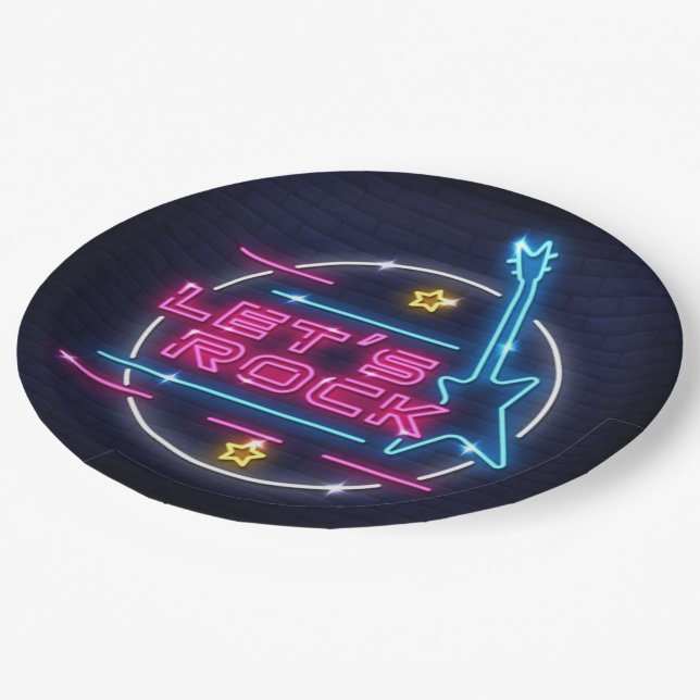 Lasst uns Rock Retro Neon Pappteller (Schrägansicht)