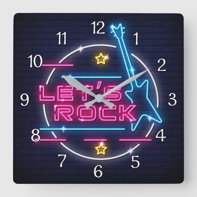 Lasst uns Rock Retro Neon Quadratische Wanduhr (Vorderseite)