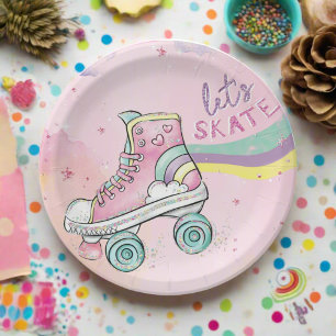 Lasst uns Skate l Rainbow Retro Groovy Geburtstag Pappteller
