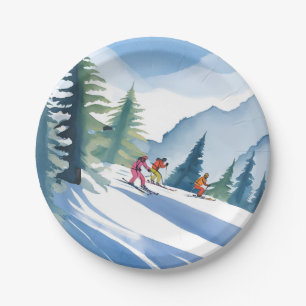 Lasst uns Ski fahren Winter Wasserfarbe Pappteller