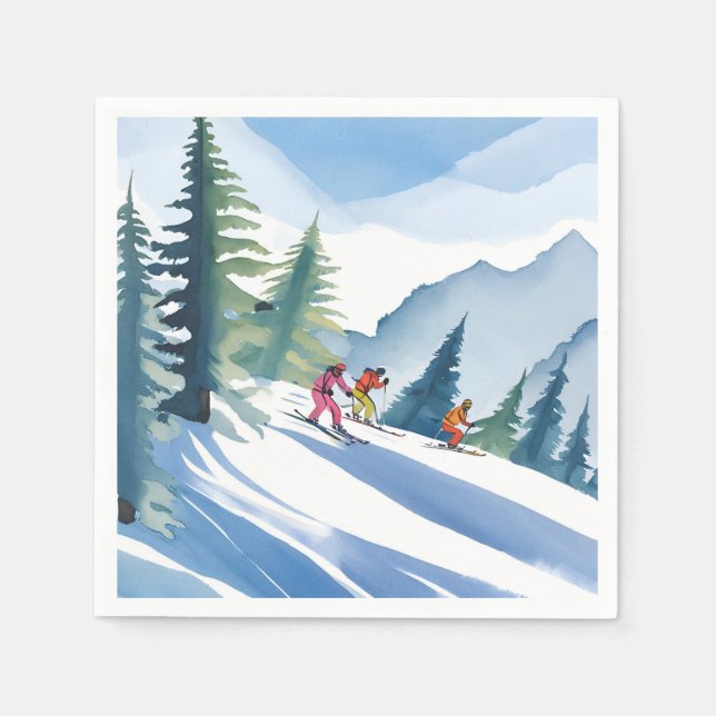 Lasst uns Ski fahren | Winter Wasserfarbe Serviette (Vorderseite)