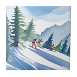 Lasst uns Ski fahren | Winter-Wasserfarbenmalerei Fliese