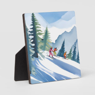 Lasst uns Ski fahren   Winter-Wasserfarbenmalerei Fotoplatte