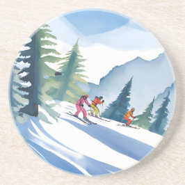 Lasst uns Ski fahren | Winter-Wasserfarbenmalerei Getränkeuntersetzer