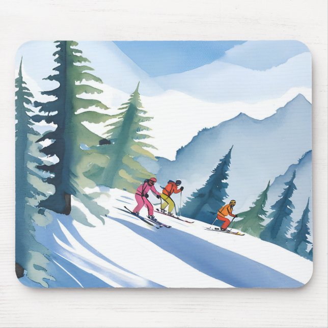 Lasst uns Ski fahren | Winter-Wasserfarbenmalerei Mousepad (Vorne)